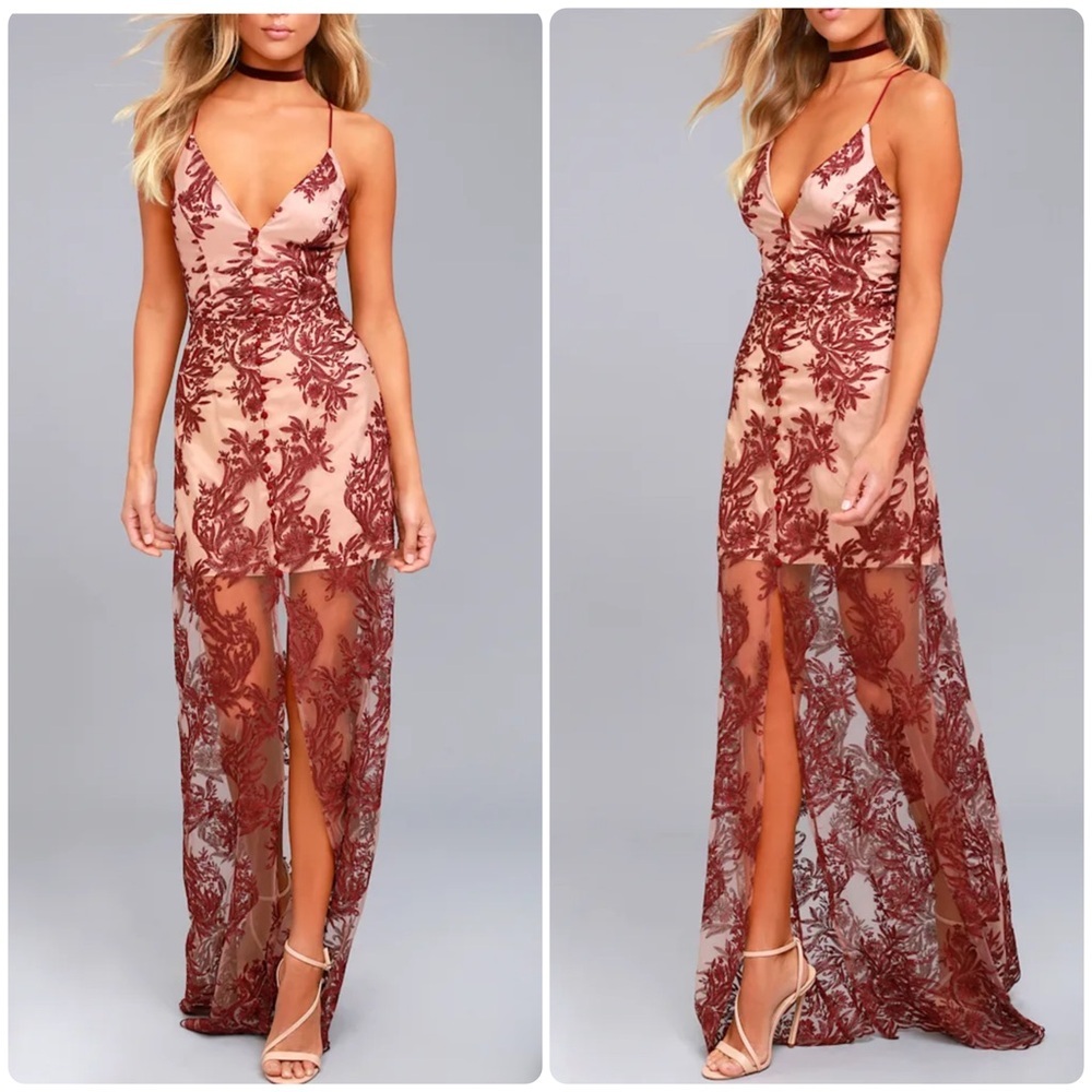 Finders Keepers Floral Lace Sheer Maxi Dress Burgundy Nude XS NWT